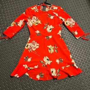 Topshop Red Floral Fit and Flare Ruffle Keyhole Back Dress